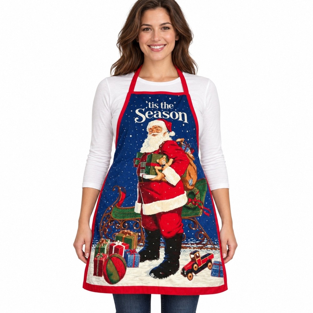 Handmade Reversible Christmas Apron Women OS Blue Red Santa Claus Graphic Retro